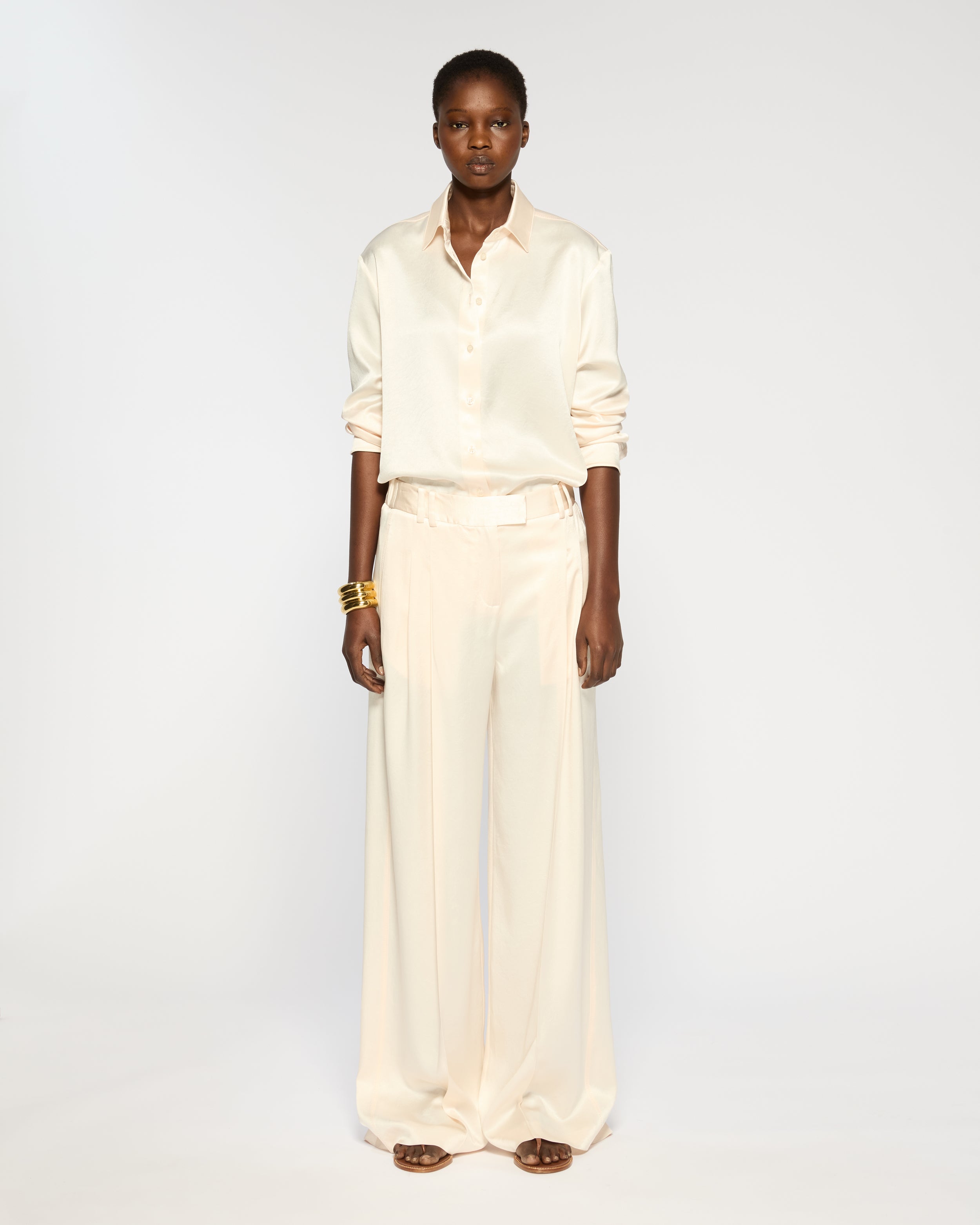 Serena Bute London | Satin Wide Leg Serena Trouser | Cream  | Front View Model Wearing