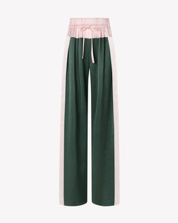 Satin Wide Waistband Jogger - Dark Green and Pale Pink