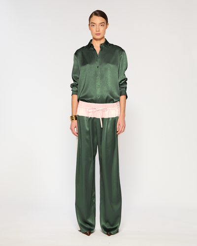 Satin Wide Waistband Jogger - Dark Green and Pale Pink SERENA BUTE