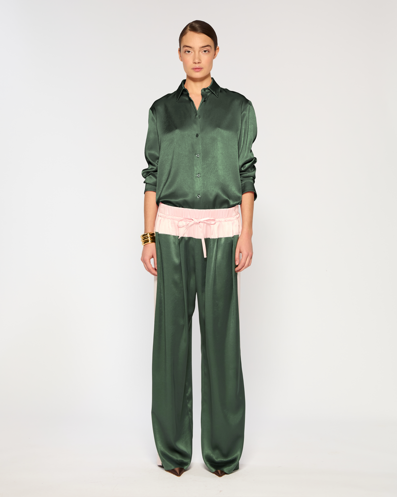 Satin Wide Waistband Jogger - Dark Green and Pale Pink picture #2