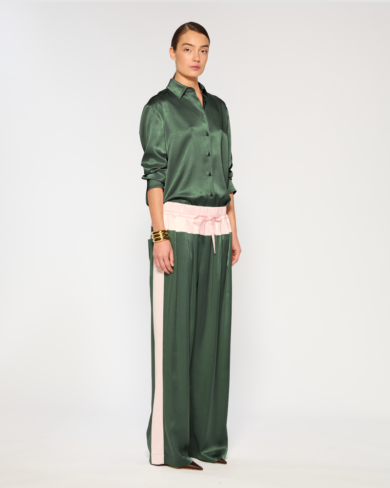 Satin Wide Waistband Jogger - Dark Green and Pale Pink picture #3