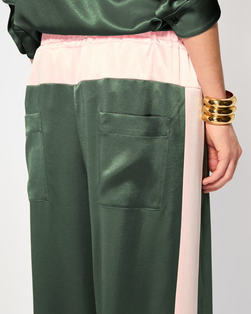 Satin Wide Waistband Jogger - Dark Green and Pale Pink SERENA BUTE