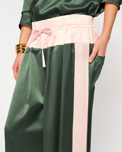 Satin Wide Waistband Jogger - Dark Green and Pale Pink SERENA BUTE