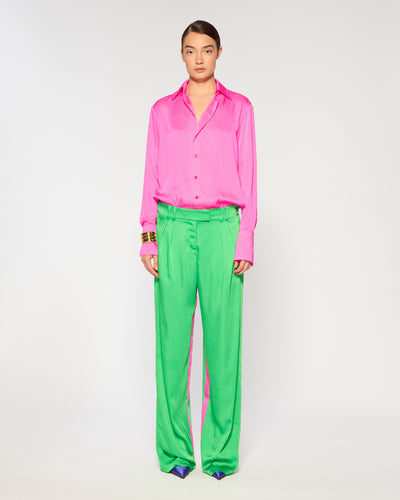 Crinkled Satin Boyfriend Trouser - Classic Green SERENA BUTE