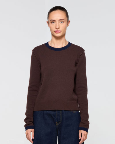 Wool Cashmere Round Neck Contrast Jumper - Chocolate Brown SERENA BUTE