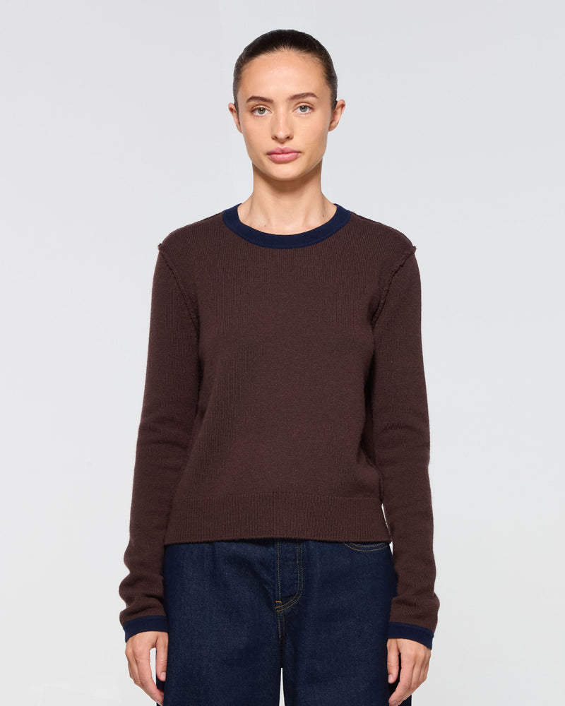 Wool Cashmere Round Neck Contrast Jumper - Chocolate Brown picture #2