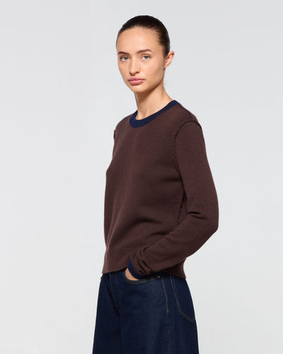 Wool Cashmere Round Neck Contrast Jumper - Chocolate Brown SERENA BUTE
