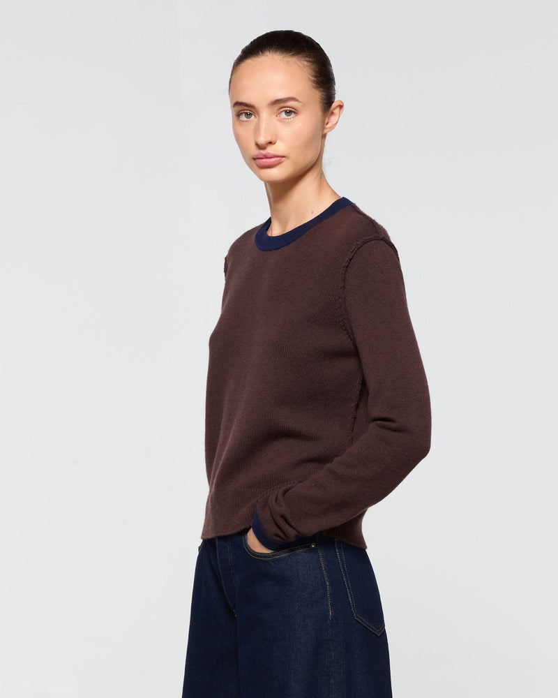 Wool Cashmere Round Neck Contrast Jumper - Chocolate Brown picture #3