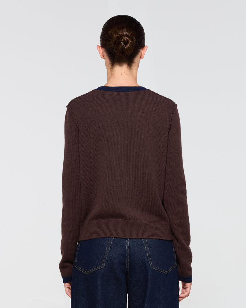 Wool Cashmere Round Neck Contrast Jumper - Chocolate Brown picture #4