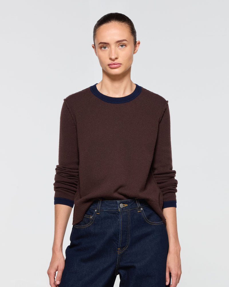 Wool Cashmere Round Neck Contrast Jumper - Chocolate Brown SERENA BUTE