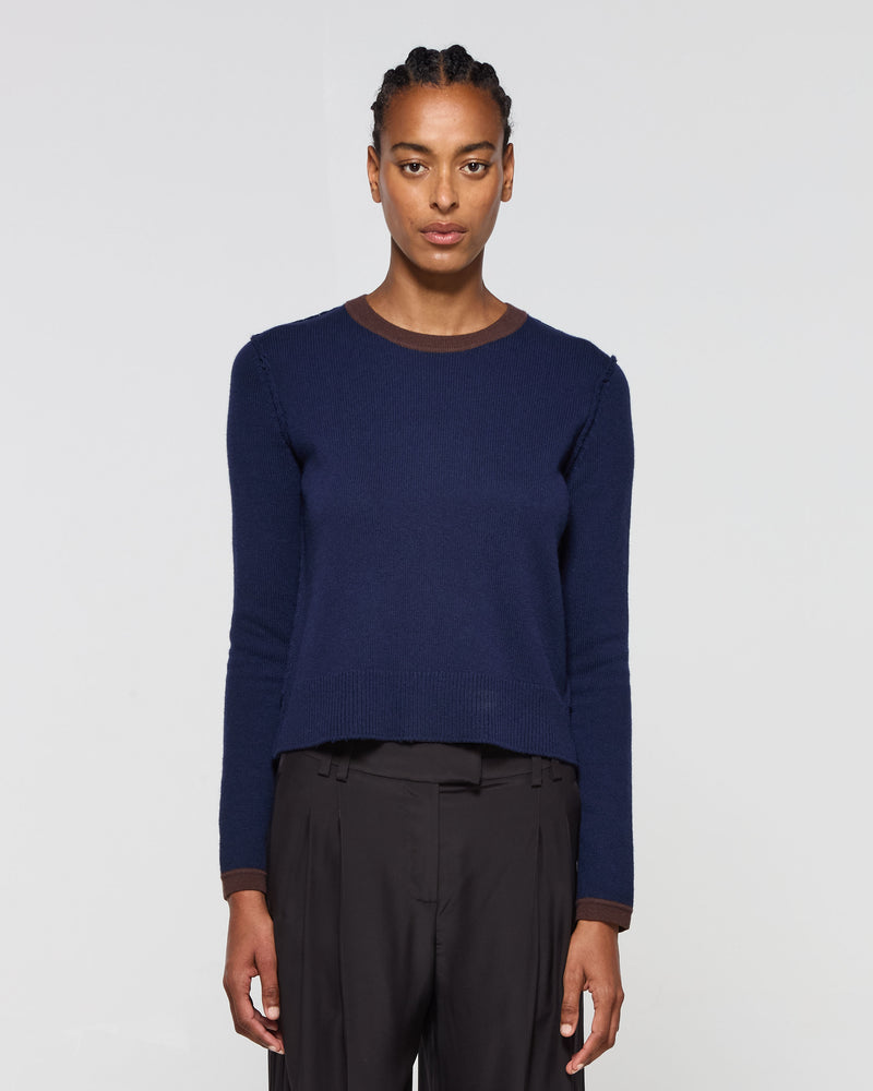 Wool Cashmere Round Neck Contrast Jumper - Navy Blue picture #2