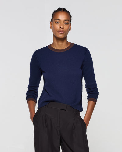 Wool Cashmere Round Neck Contrast Jumper - Navy Blue SERENA BUTE
