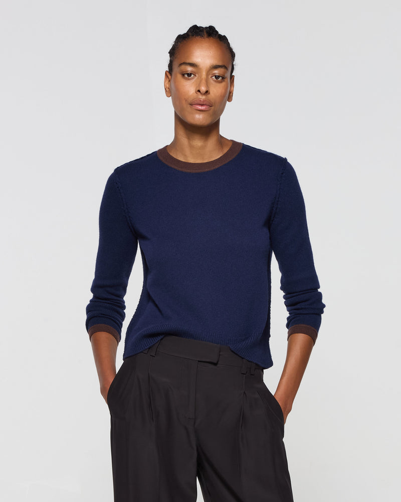 Wool Cashmere Round Neck Contrast Jumper - Navy Blue picture #3
