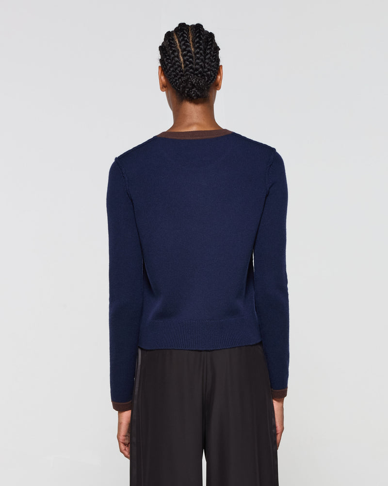 Wool Cashmere Round Neck Contrast Jumper - Navy Blue picture #4