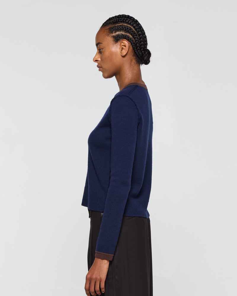 Wool Cashmere Round Neck Contrast Jumper - Navy Blue SERENA BUTE