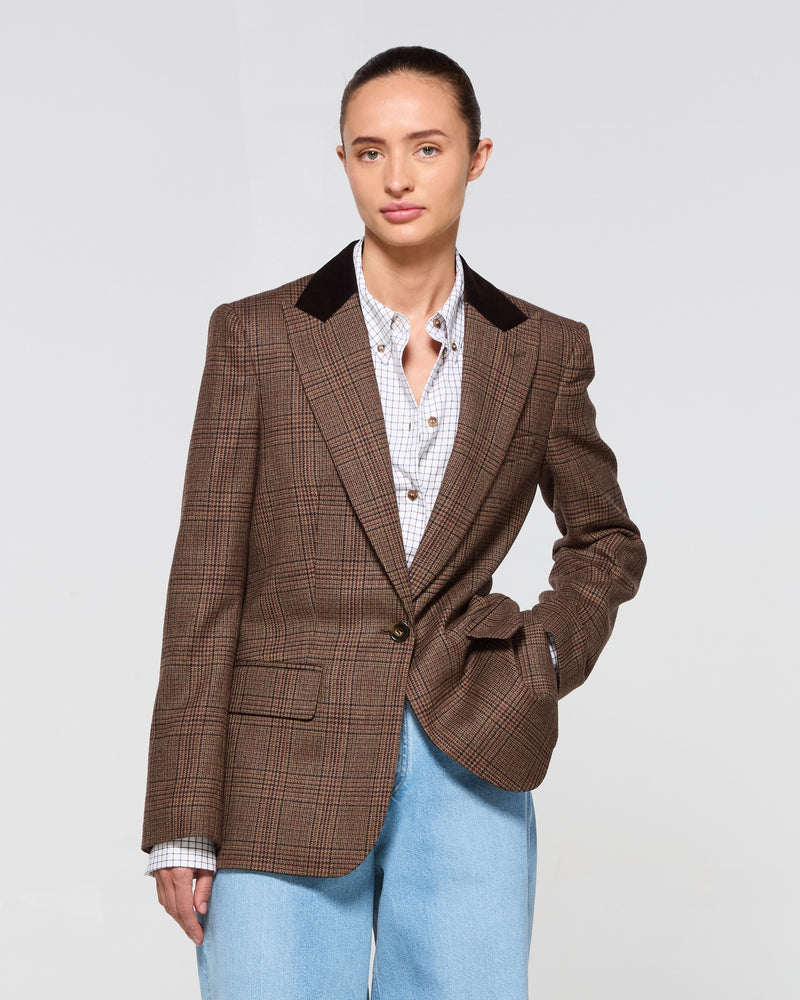 Wool Tweed Fitted Single Breasted Blazer - Brown SERENA BUTE