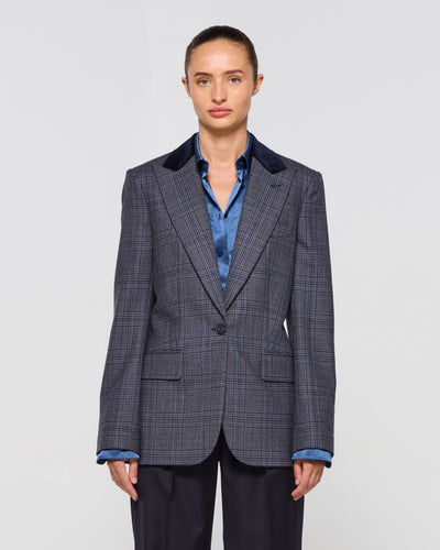 Wool Tweed Fitted Single Breasted Blazer - Navy Blue SERENA BUTE