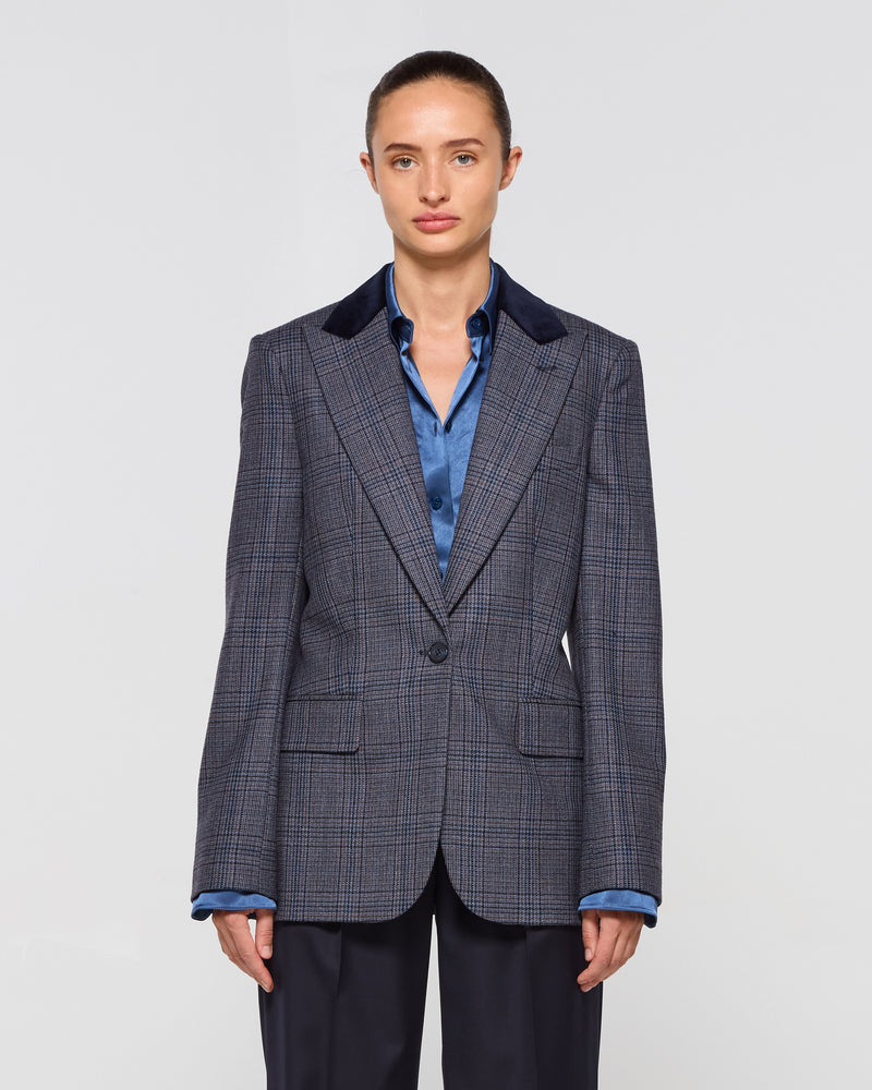 Wool Tweed Fitted Single Breasted Blazer - Navy Blue SERENA BUTE