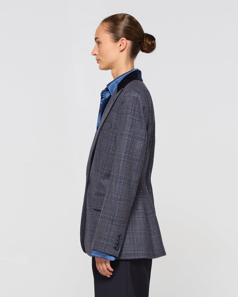 Wool Tweed Fitted Single Breasted Blazer - Navy Blue SERENA BUTE