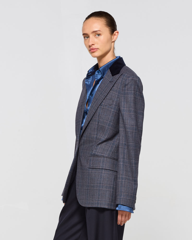 Wool Tweed Fitted Single Breasted Blazer - Navy Blue SERENA BUTE