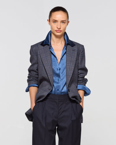 Wool Tweed Fitted Single Breasted Blazer - Navy Blue SERENA BUTE
