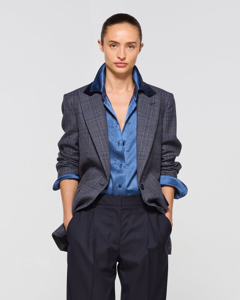 Wool Tweed Fitted Single Breasted Blazer - Navy Blue picture #4
