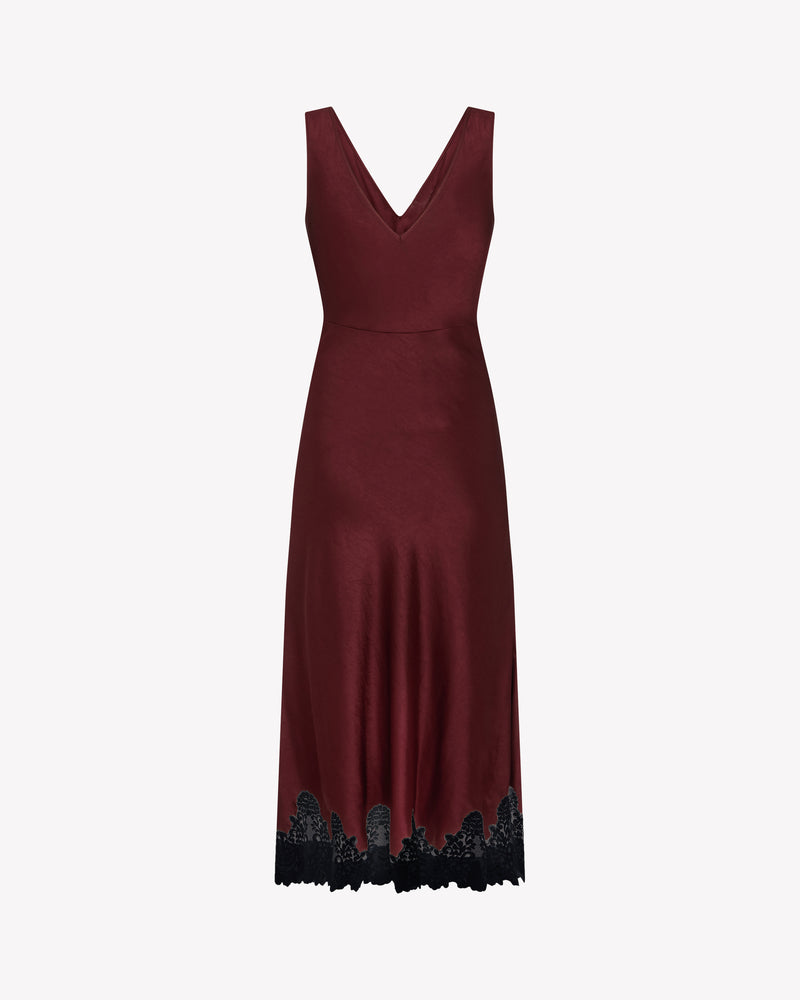 Satin Midi Dress with Lace Hem - Burgundy SERENA BUTE