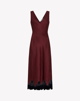 Satin Midi Dress with Lace Hem - Burgundy
