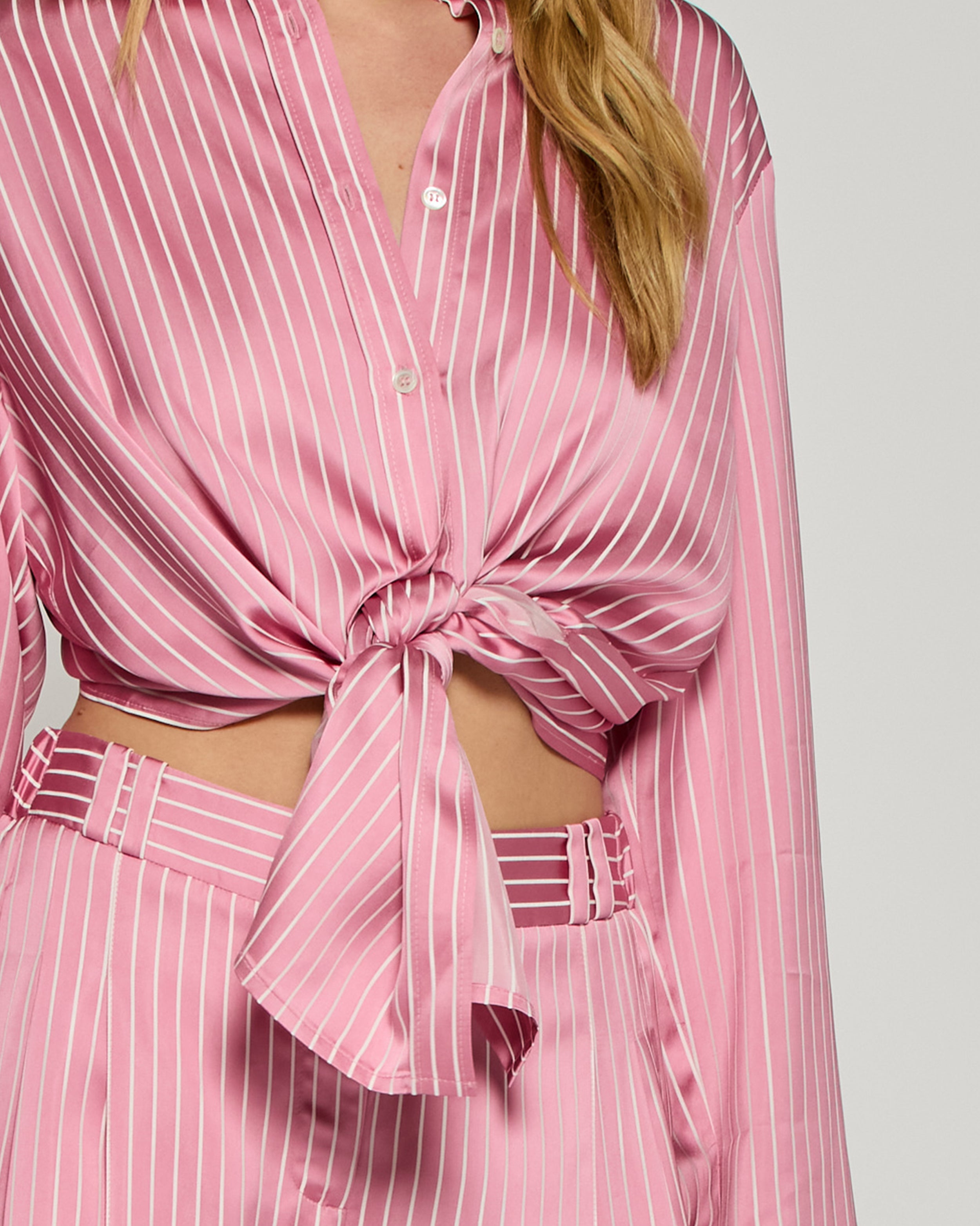 Satin Stripe Open Back Shirt - Pink