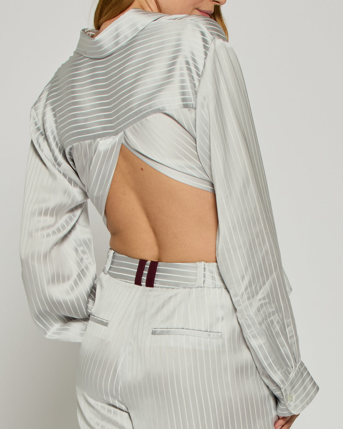 Satin Stripe Open Back Shirt - Silver