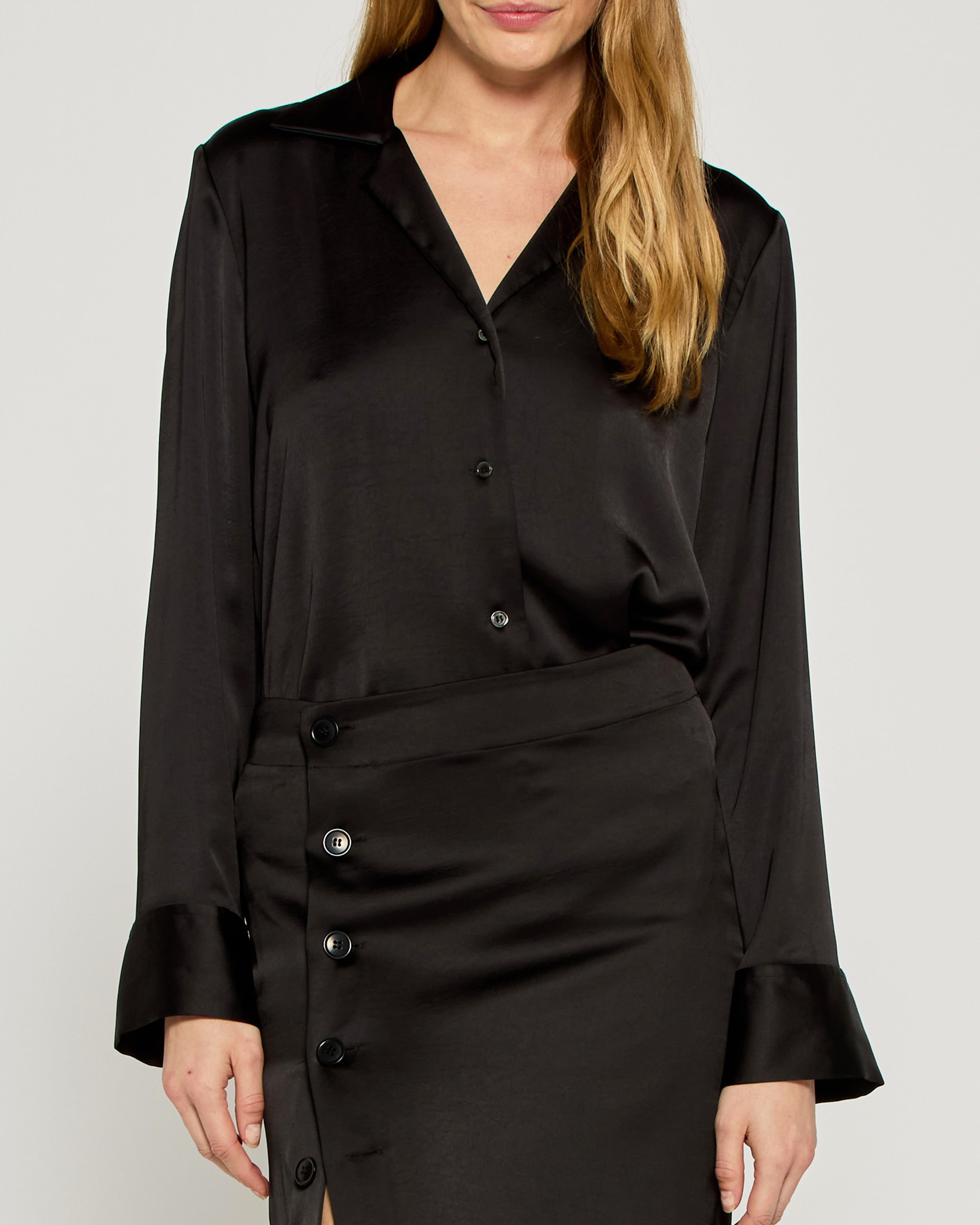 Satin Revere Collar Shirt - Black