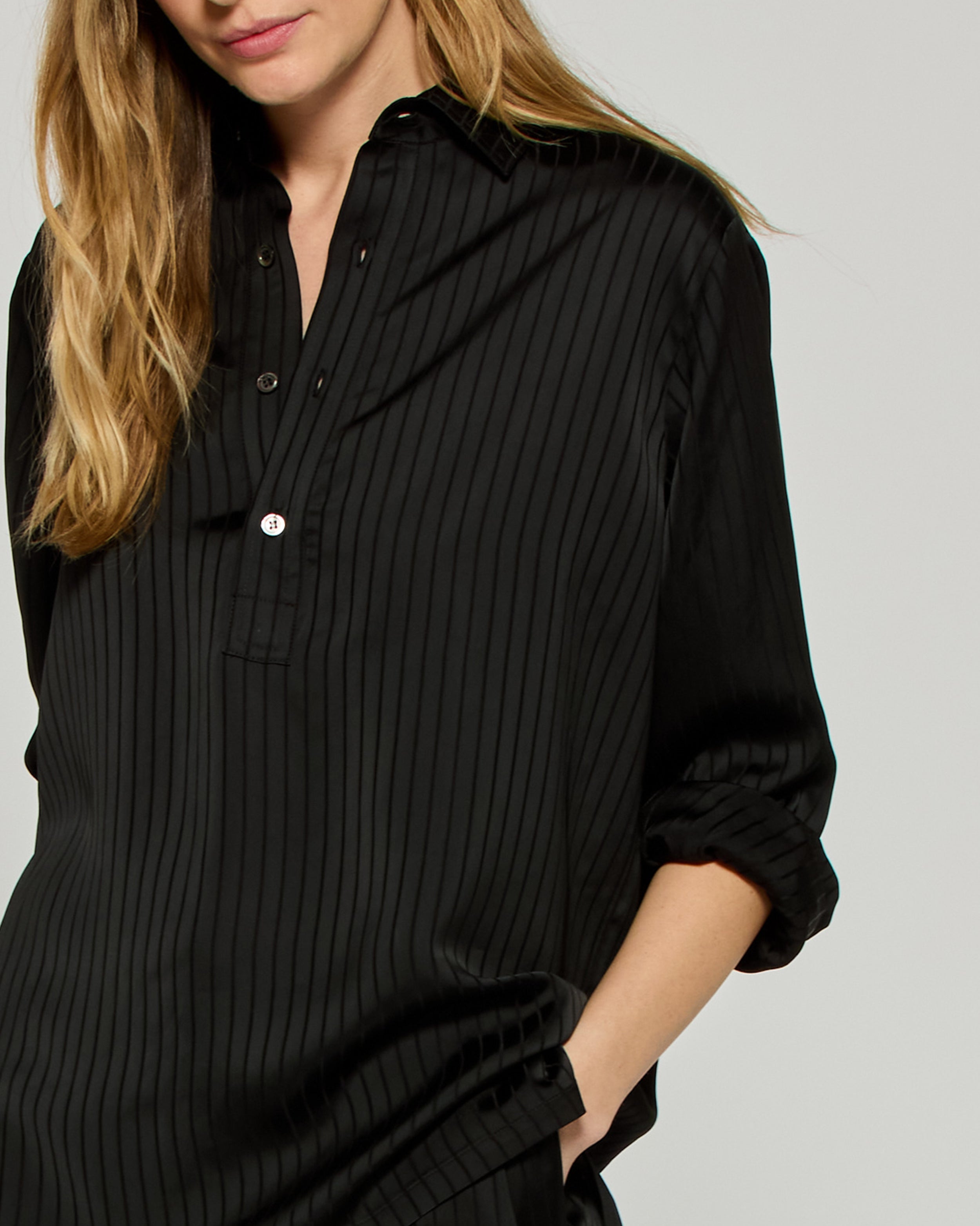 Satin Stripe George Shirt - Black