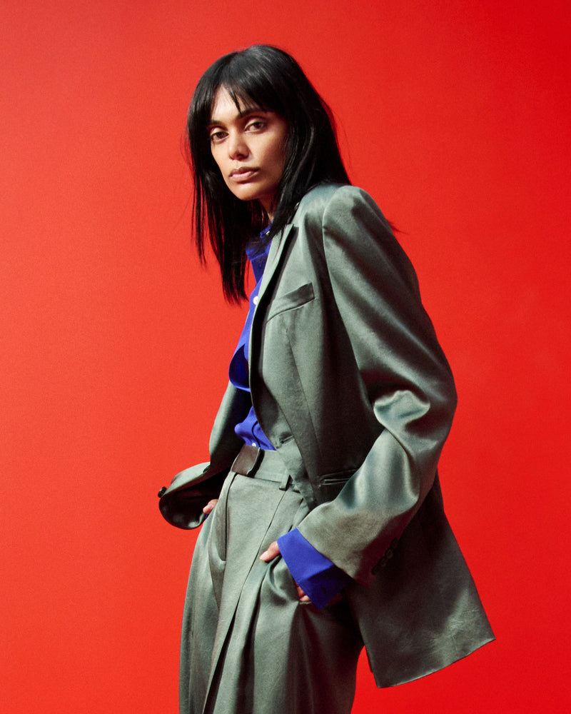 Satin Boyfriend Blazer - Dark Green picture #1