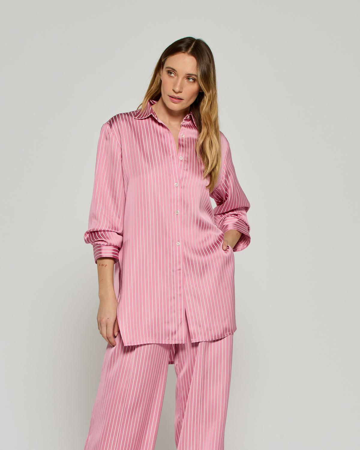 Satin Stripe Open Back Shirt - Pink