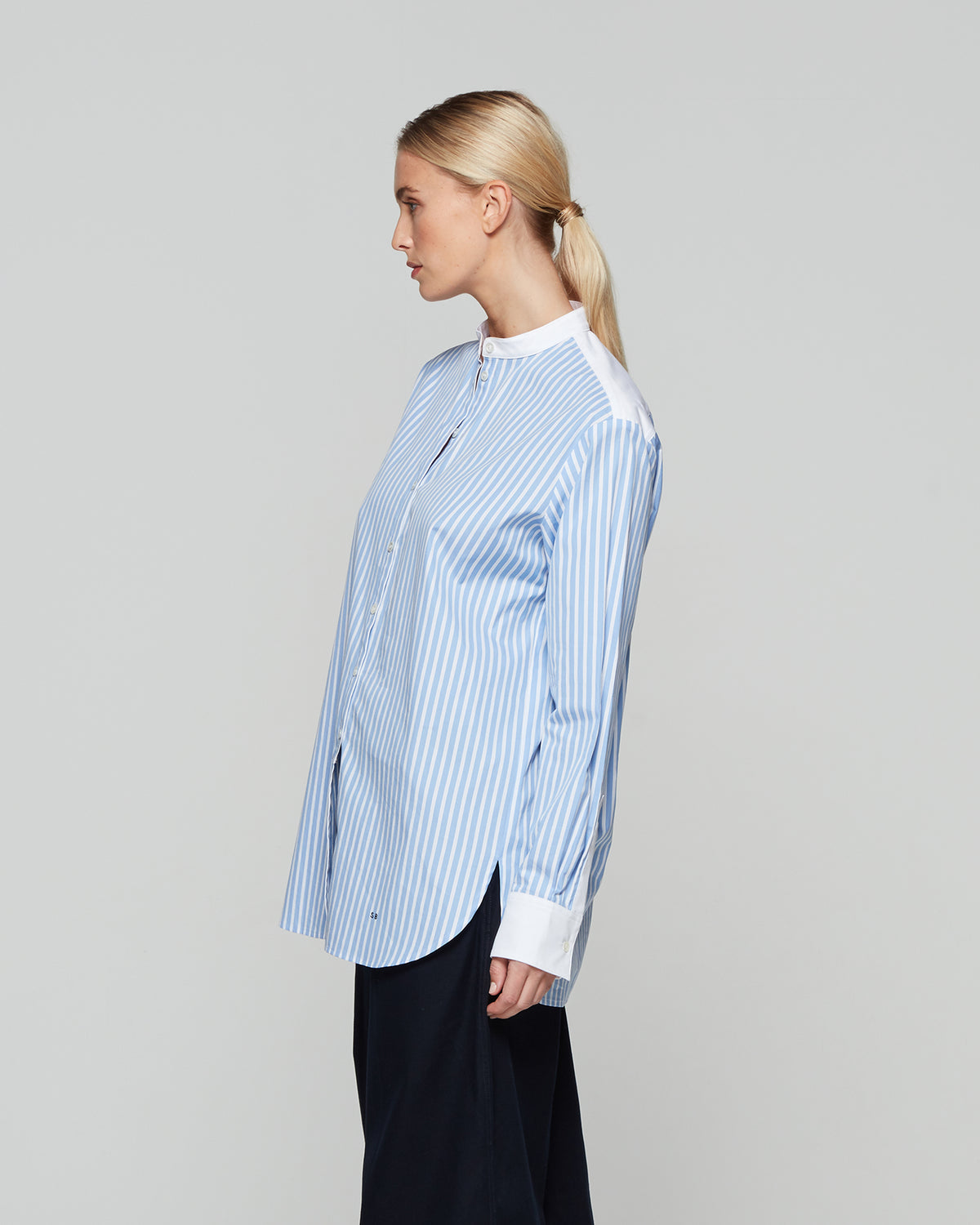 Collarless Shirt - Blue/White Stripe