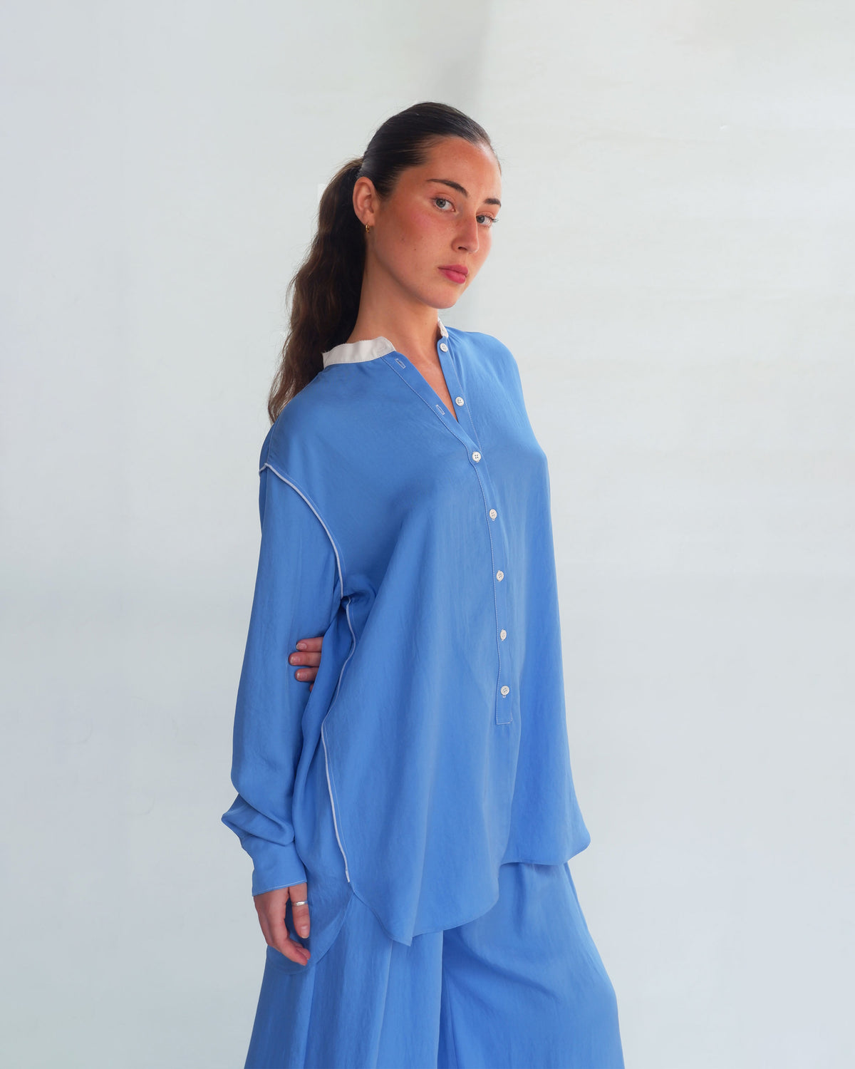 Collarless Shirt - Riviera Blue SERENA BUTE