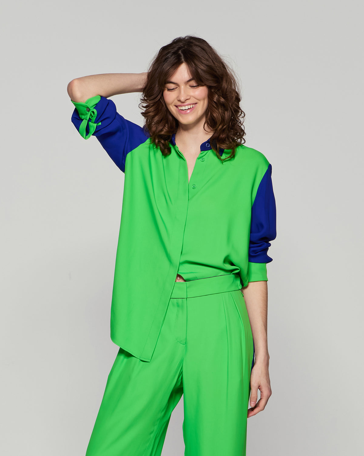 Colour Block Boyfriend Shirt - Bright Green/Cobalt Blue