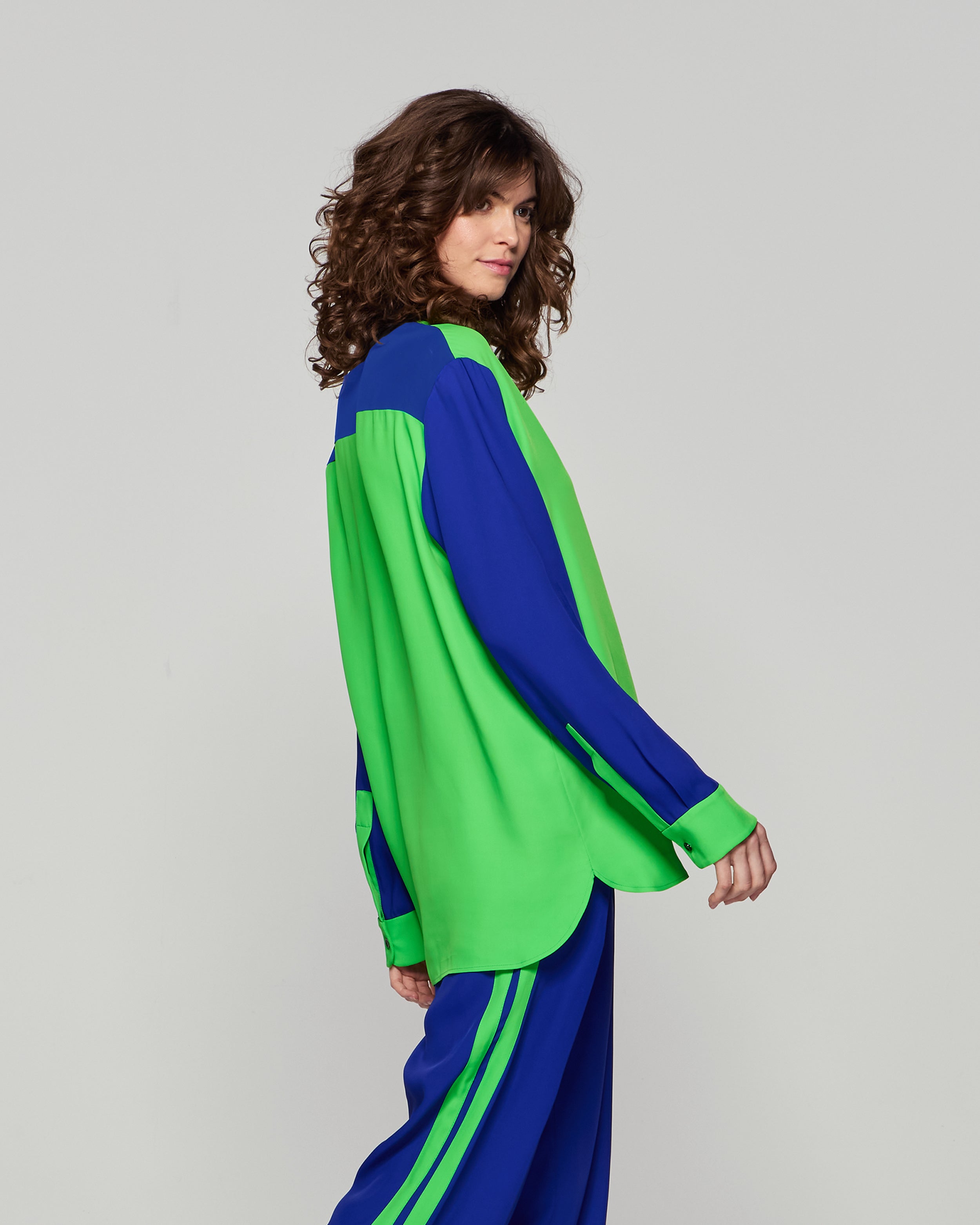 Colour Block Boyfriend Shirt - Bright Green/Cobalt Blue