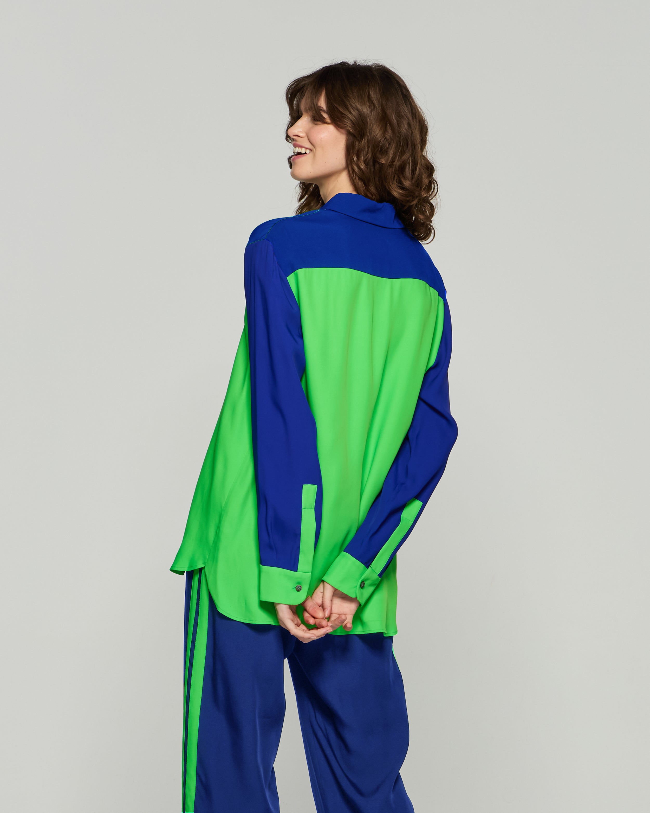 Colour Block Boyfriend Shirt - Bright Green/Cobalt Blue