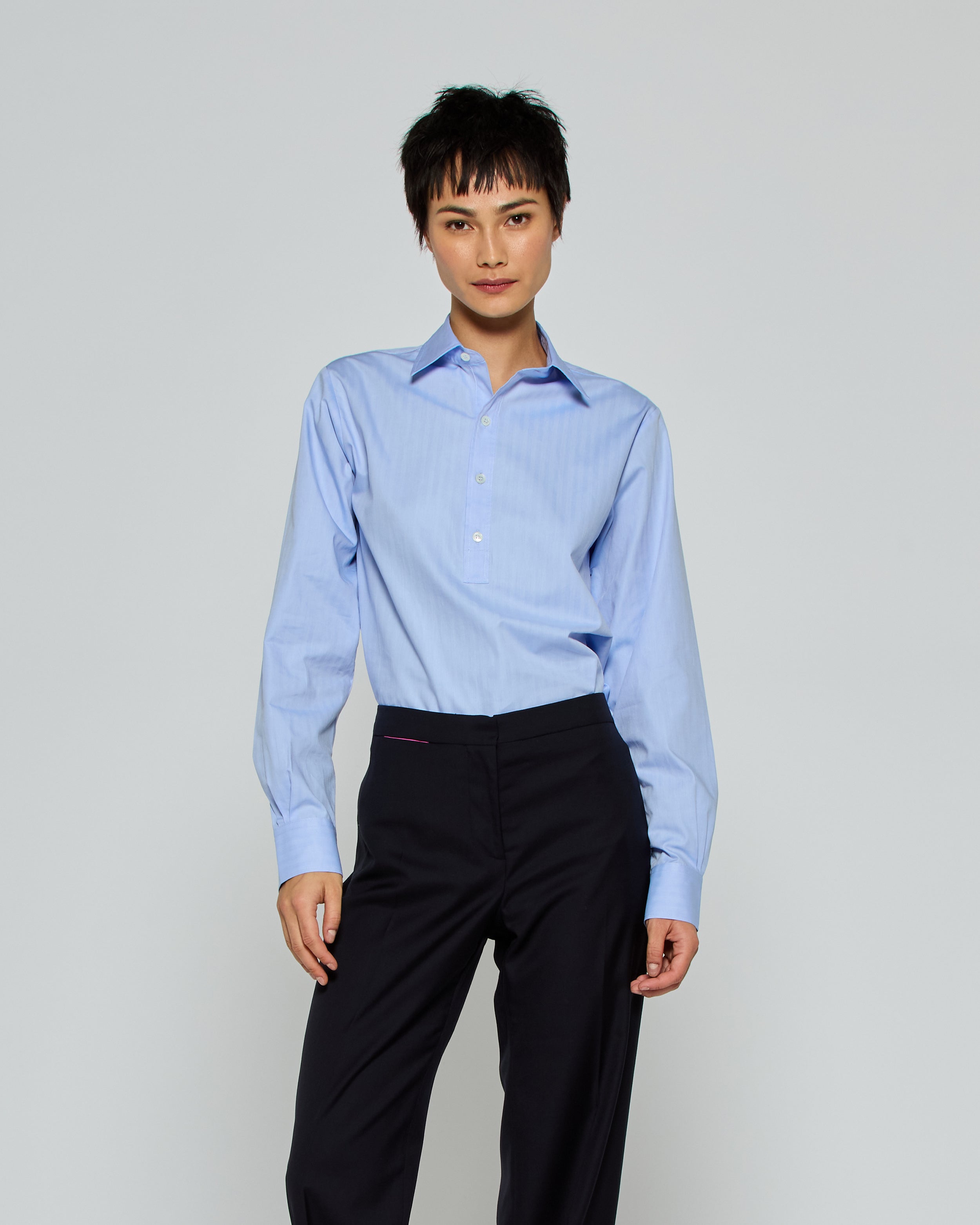 Cotton George Shirt - Blue Herringbone