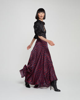 Graphic Polka Dot Asymmetric Maxi Skirt - Navy/Red