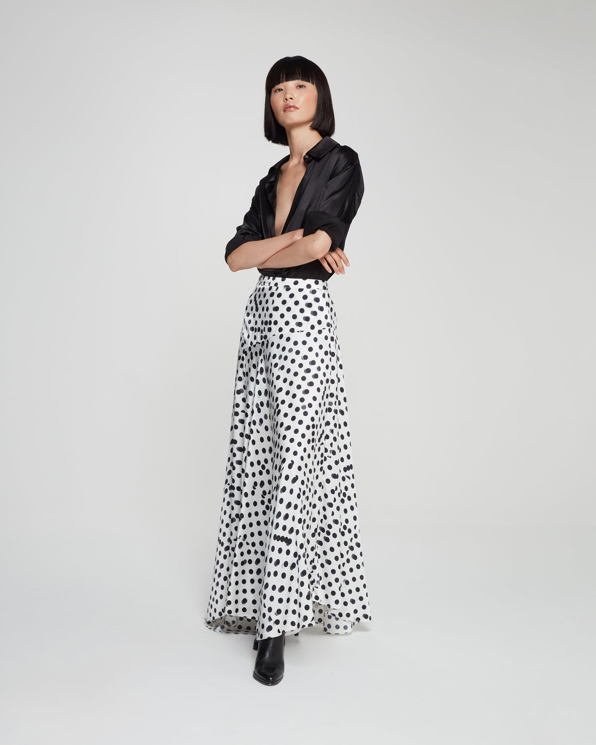 Graphic Polka Dot Asymmetric Maxi Skirt - White/Black SERENA BUTE