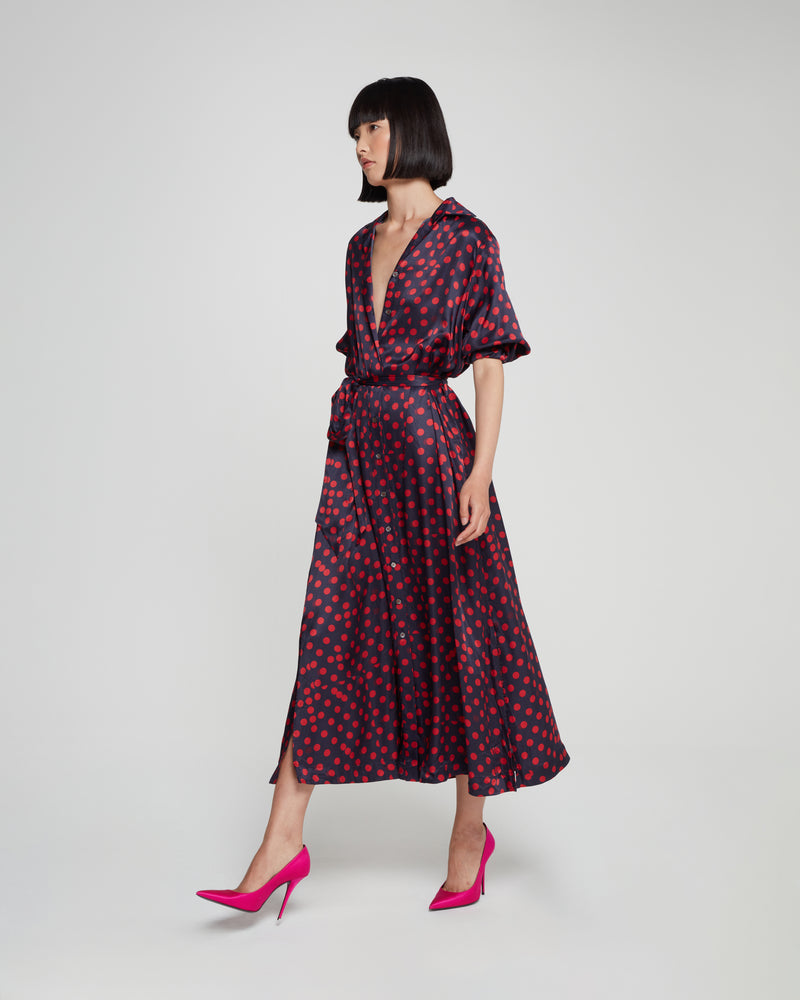 Graphic Polka Dot Shirt Dress - Navy/Red picture #4