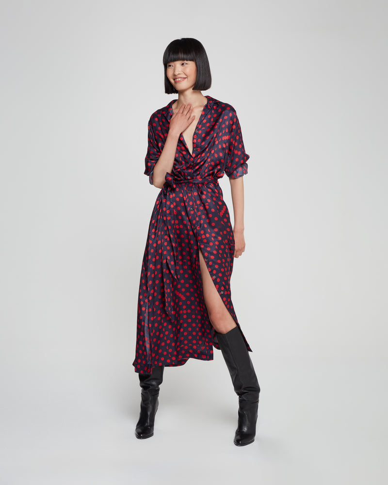 Graphic Polka Dot Shirt Dress - Navy/Red picture #1