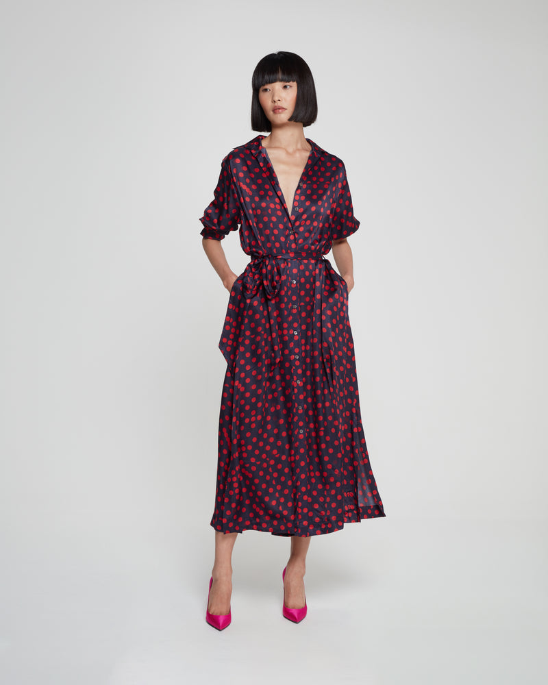 Graphic Polka Dot Shirt Dress - Navy/Red picture #1