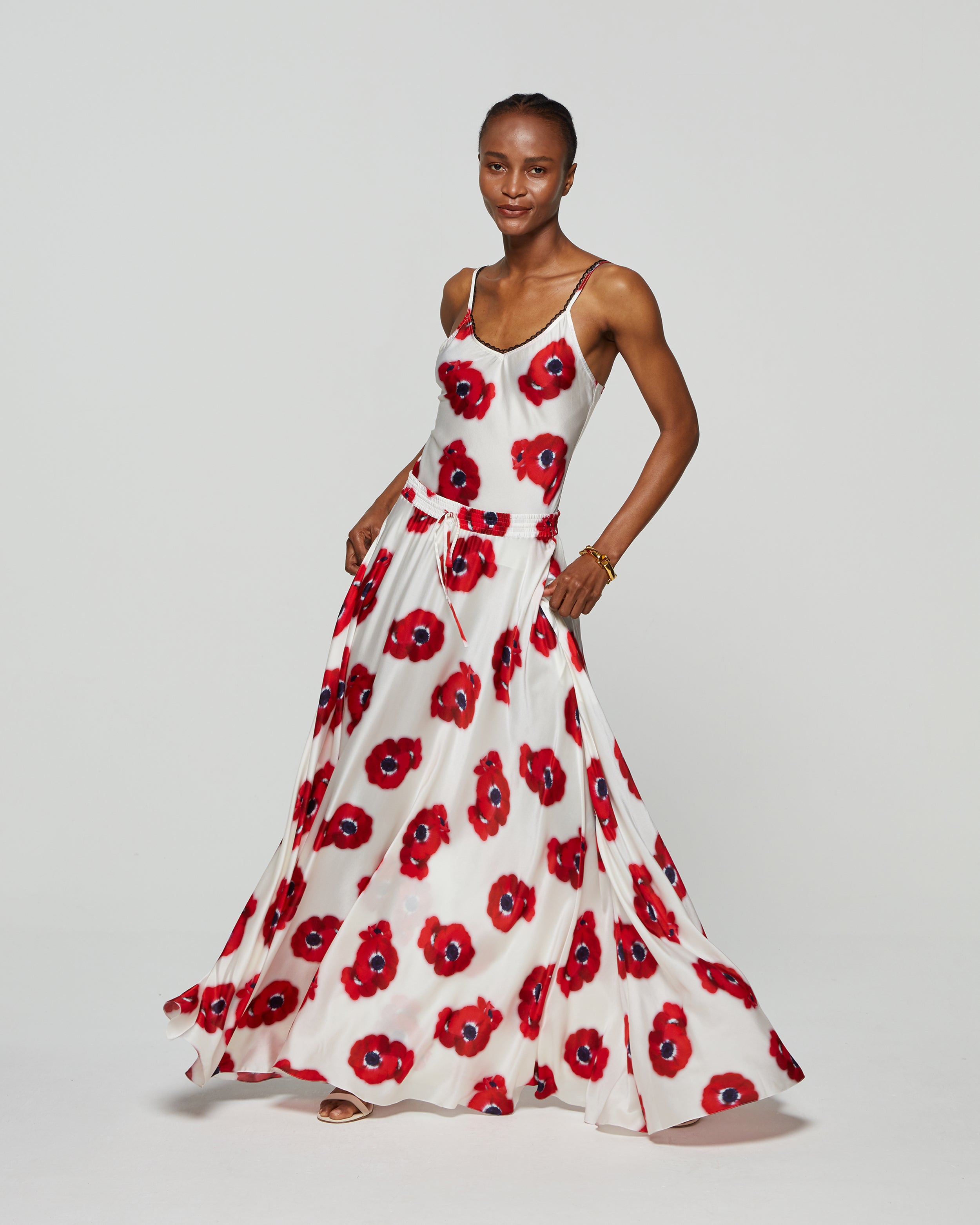 Graphic Poppy Full Maxi Skirt - White/Red