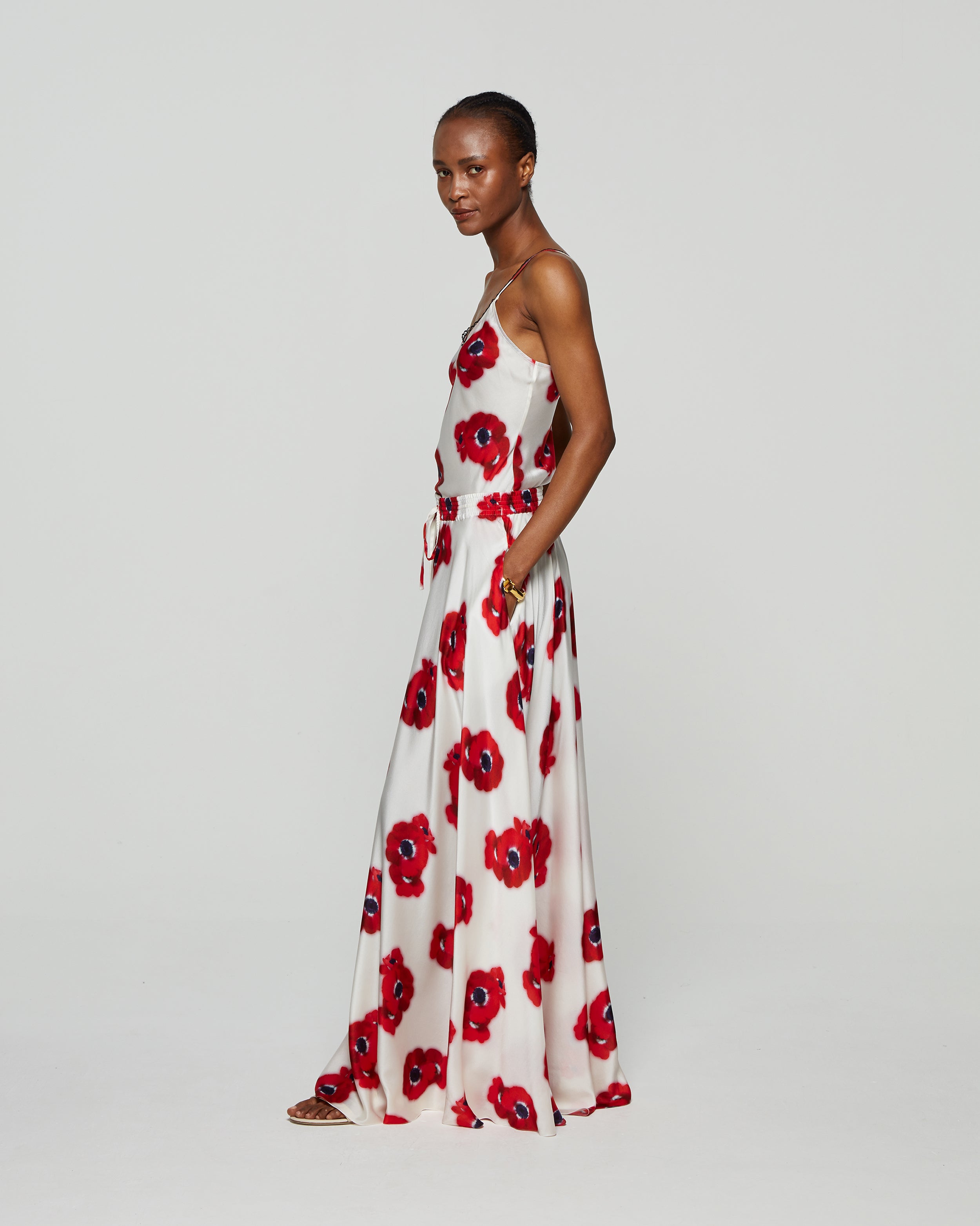 Graphic Poppy Full Maxi Skirt - White/Red