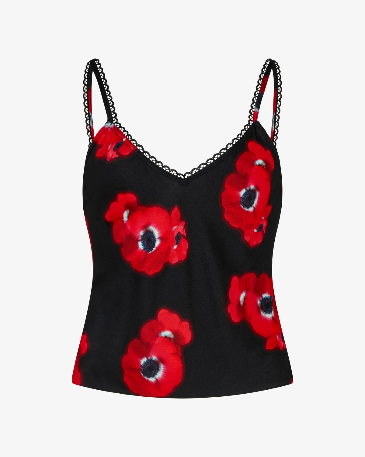 Graphic Poppy Lace-Trim Cami Top - Black/Red