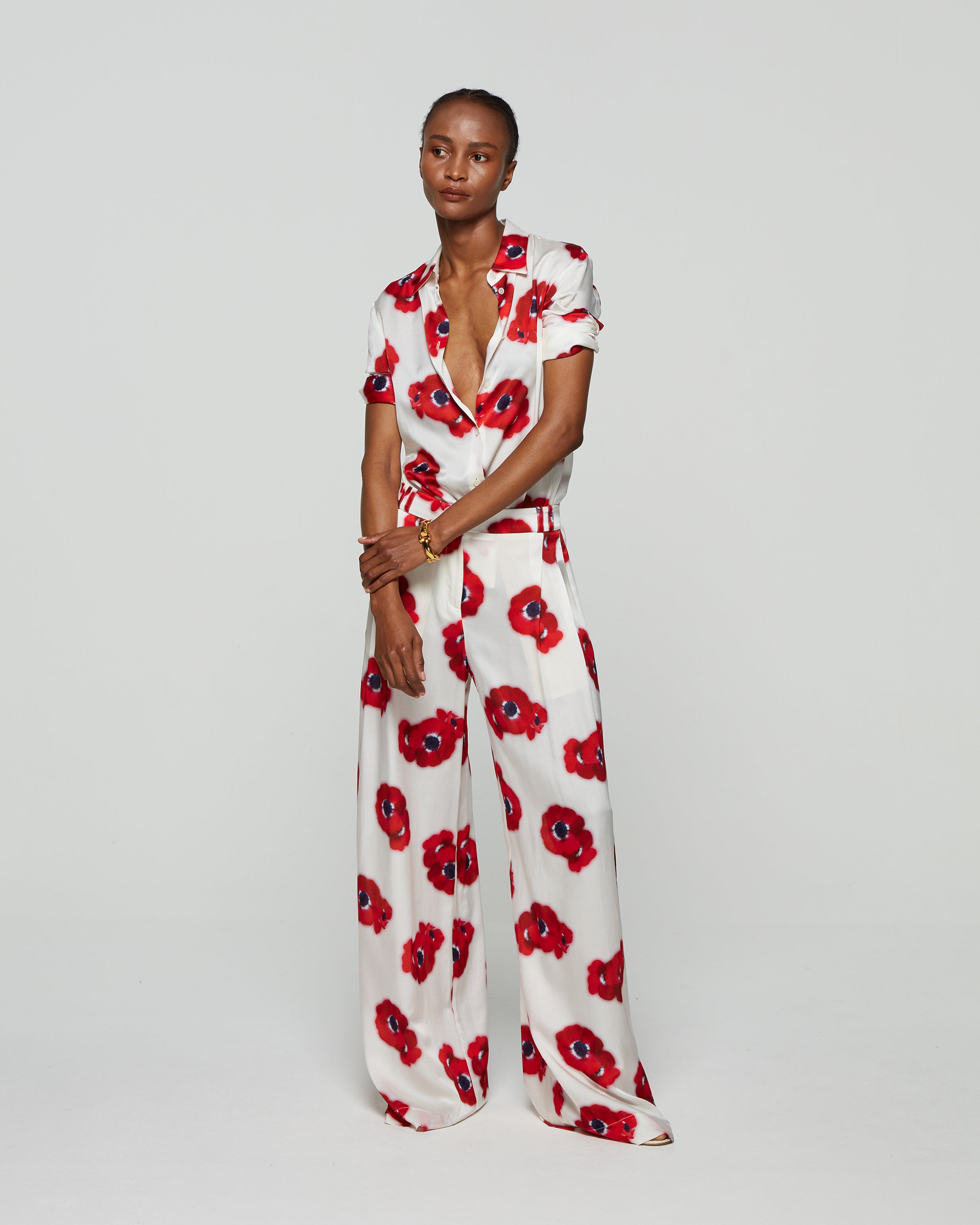 Graphic Poppy Serena Wide Leg Trouser - White/Red