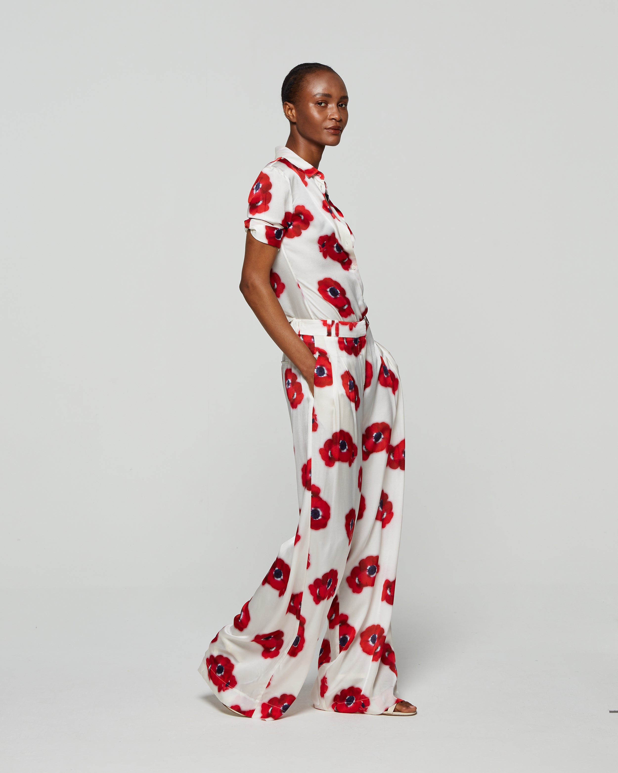 Graphic Poppy Serena Wide Leg Trouser - White/Red